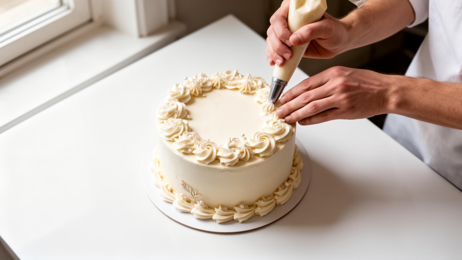 A baker piping cream onto a custom cake