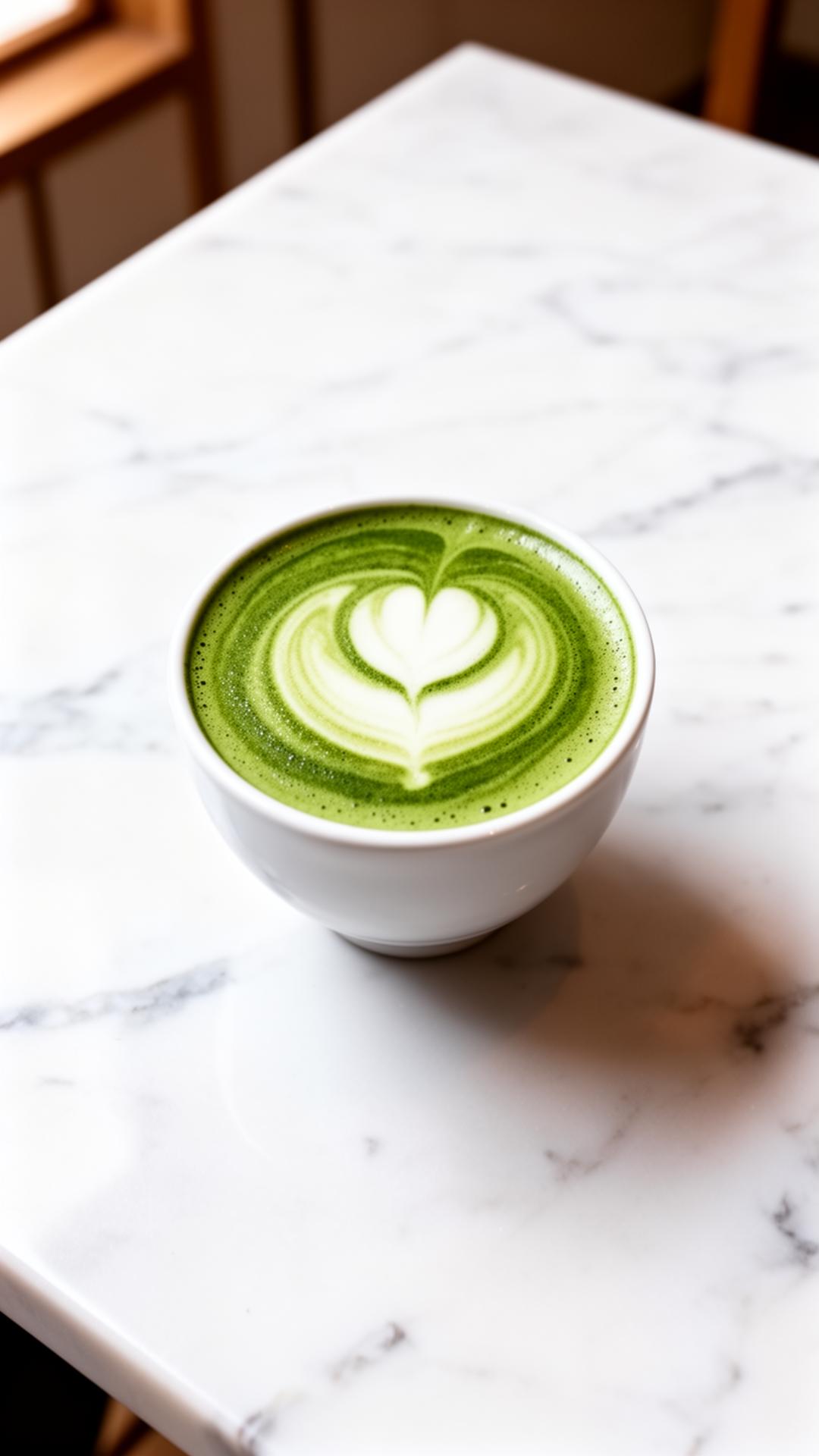 Matcha latte with delicate foam art on a marble table