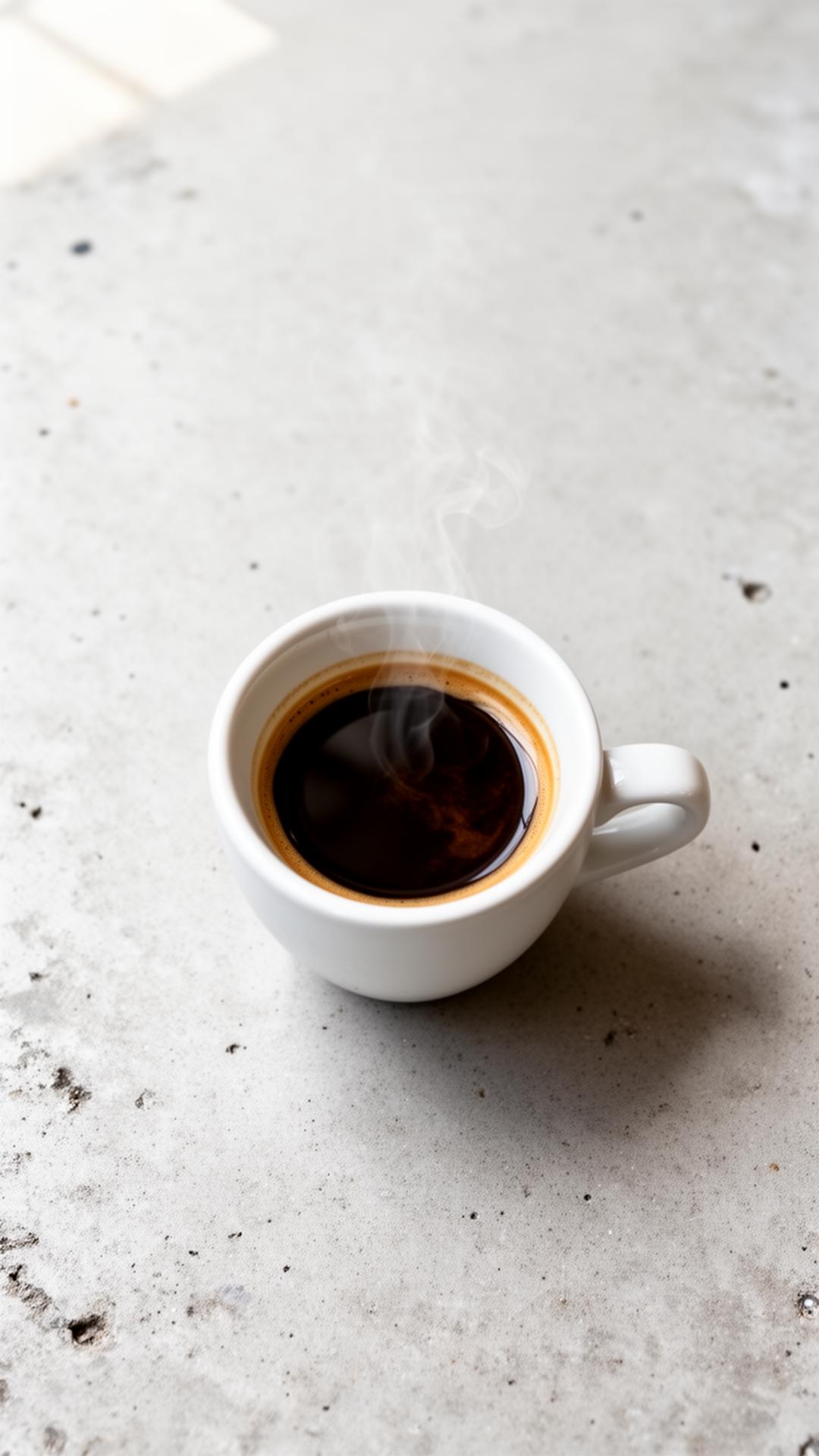 A small white cup of espresso on a pale grey surface