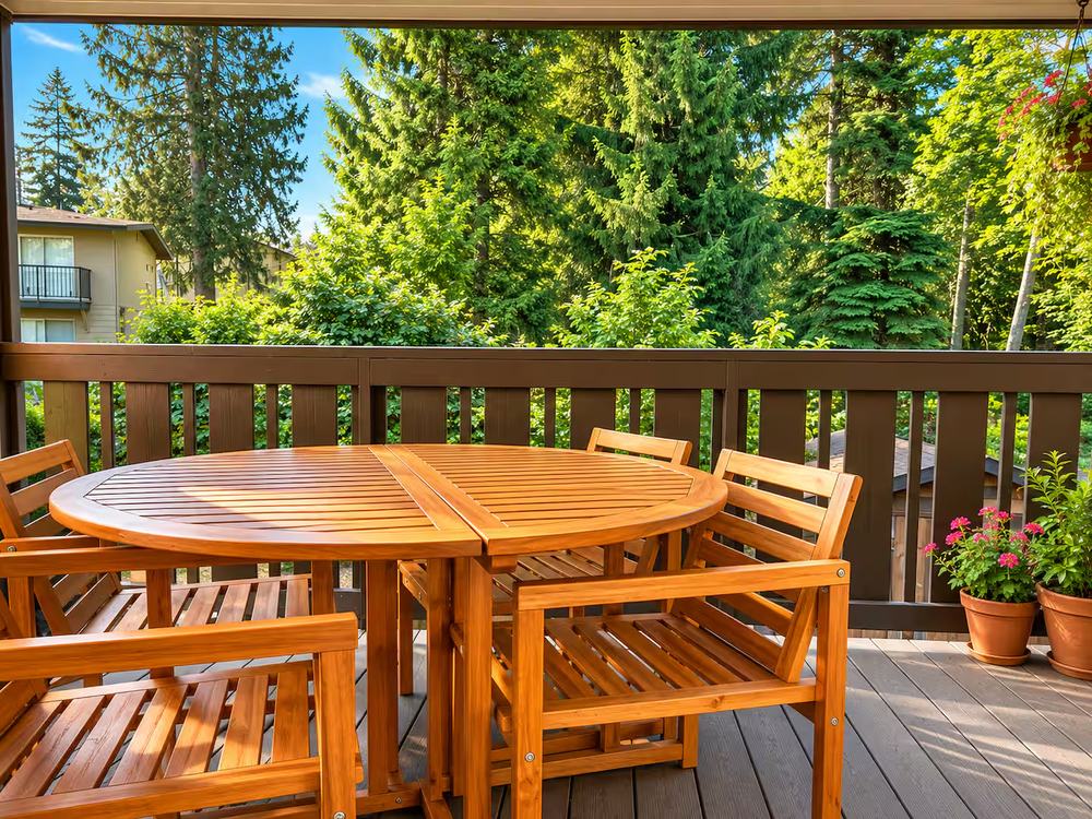 Outdoor patio surrounded by trees